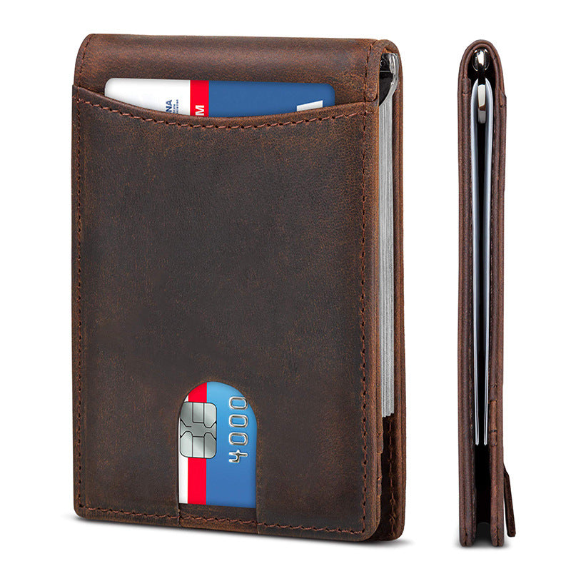 Crazy horse vintage slim genuine leather money clip with pull tap