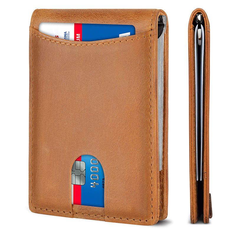 Crazy horse vintage slim genuine leather money clip with pull tap