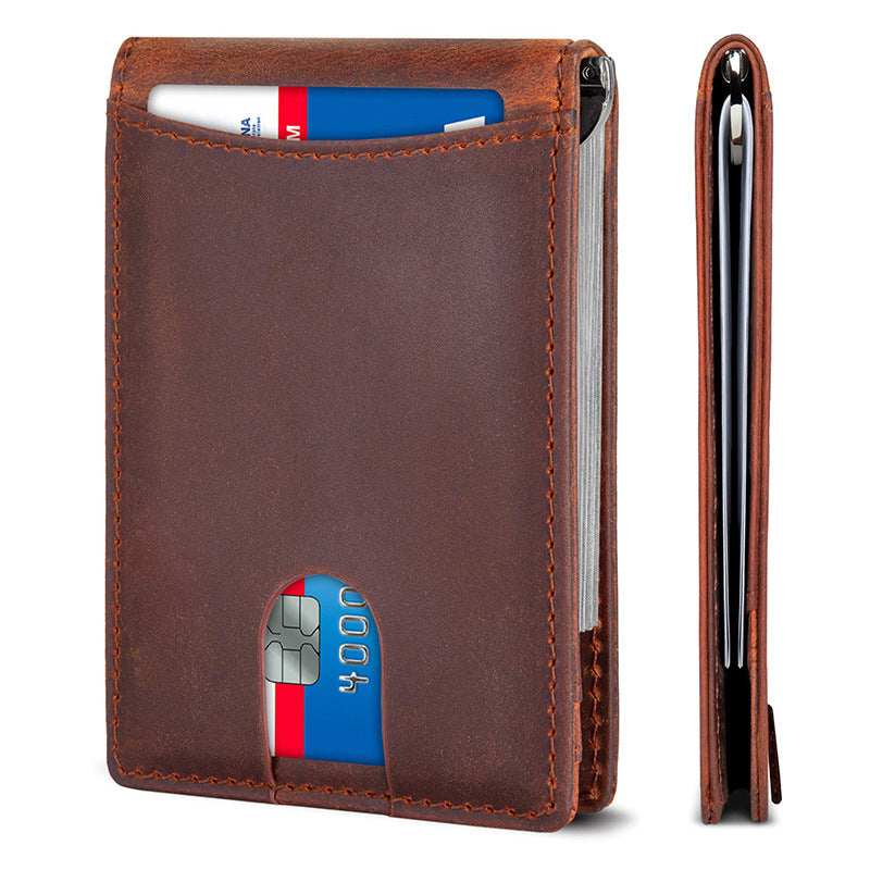 Crazy horse vintage slim genuine leather money clip with pull tap