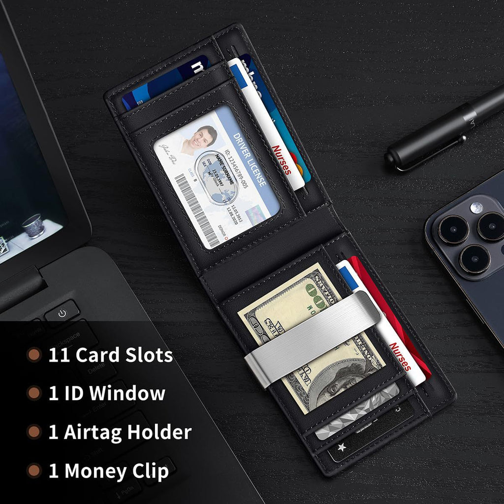 Front Pocket RFID Leather Airtag wallet with money clip