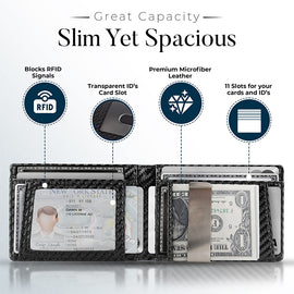 Minimalist RFID Blocking Carbon fiber Leather Money Clip Wallet