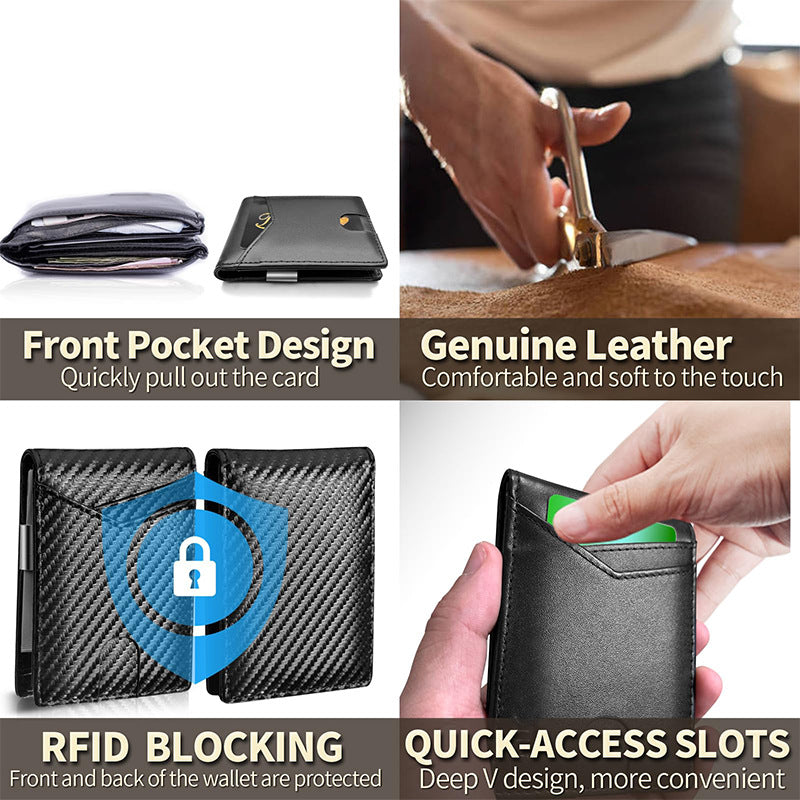 Slim Carbon fiber leather bifold wallet with money clip