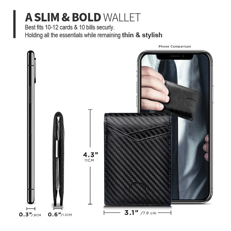 Slim Carbon fiber leather bifold wallet with money clip